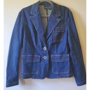 VTG HIGH SIERRA DENIM Stretch Blazer Jacket Sz Large Back Slit 2 Metal Button